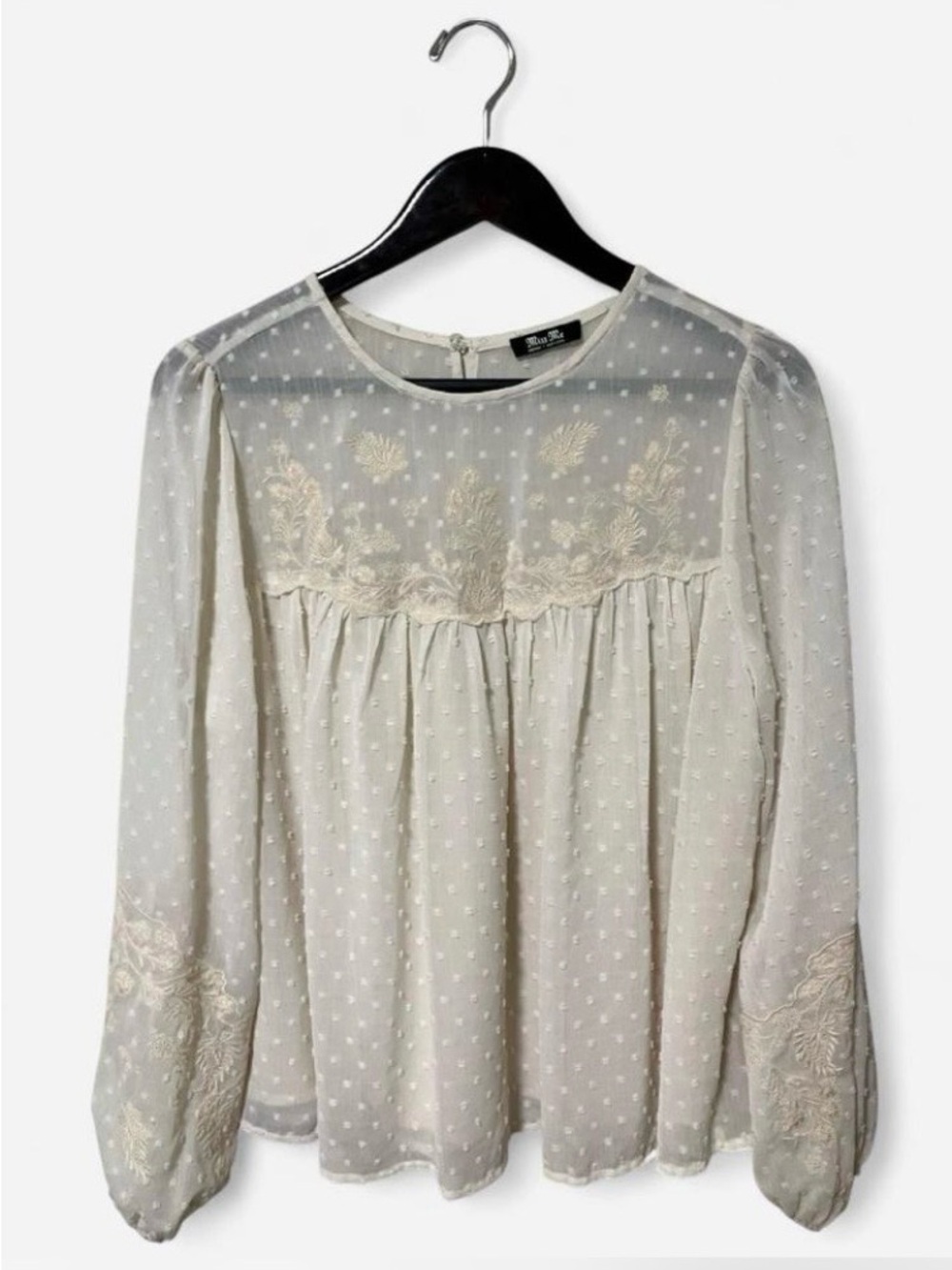 Miss Me Ivory Sheer Swiss Dot Embroidered Balloon Sleeve Peasant Top Women’s M